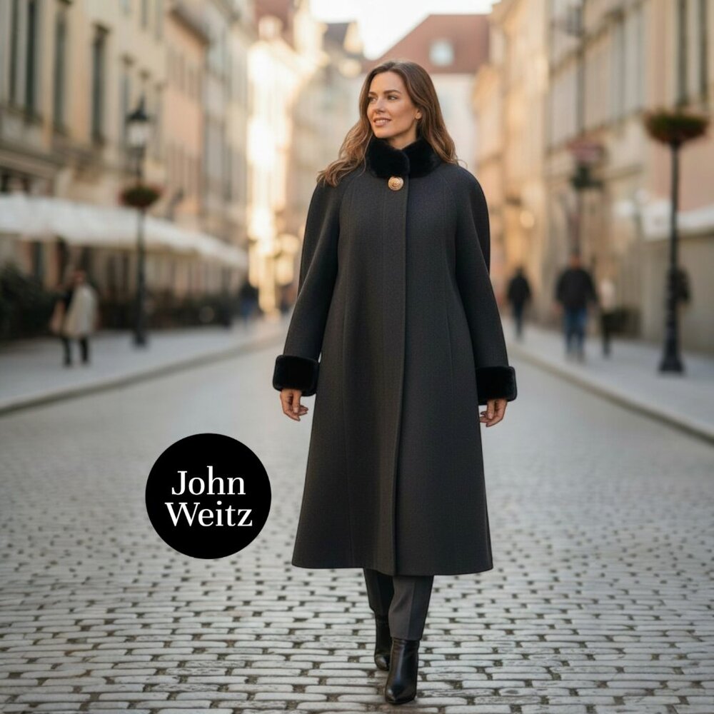 John Weitz Vintage Wool Long Trench Coat | Black | Fur Collar | Fur Cuffs | 12P